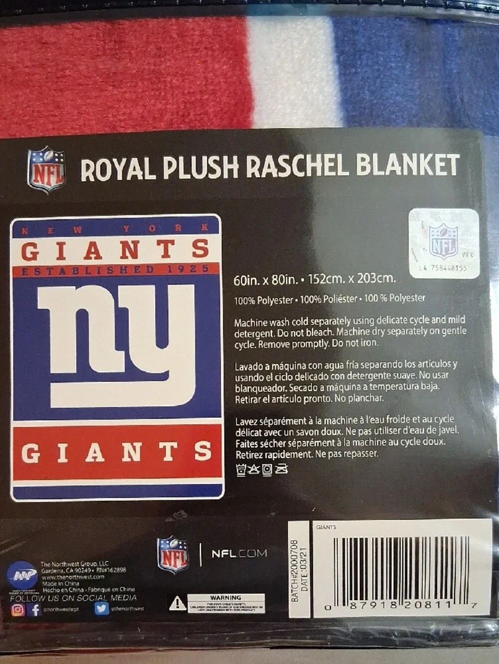 NFL New York Giants Royal Plush Raschel Blanket - 60